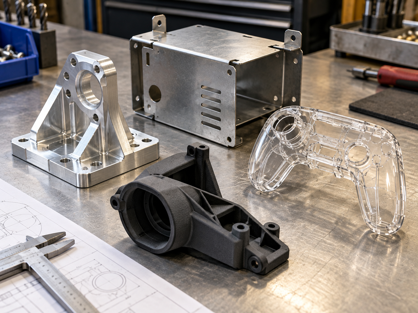 Components produced in metal, sheet metal, resin and nylon
