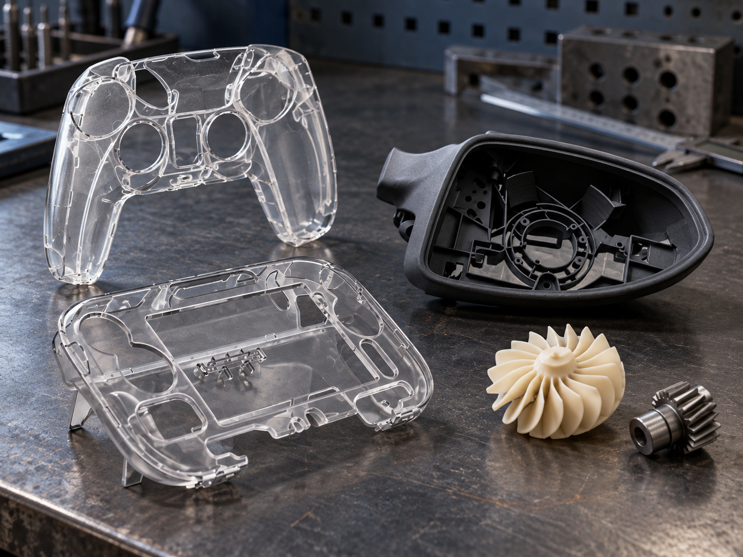 Physical prototype parts on an engineering workbench