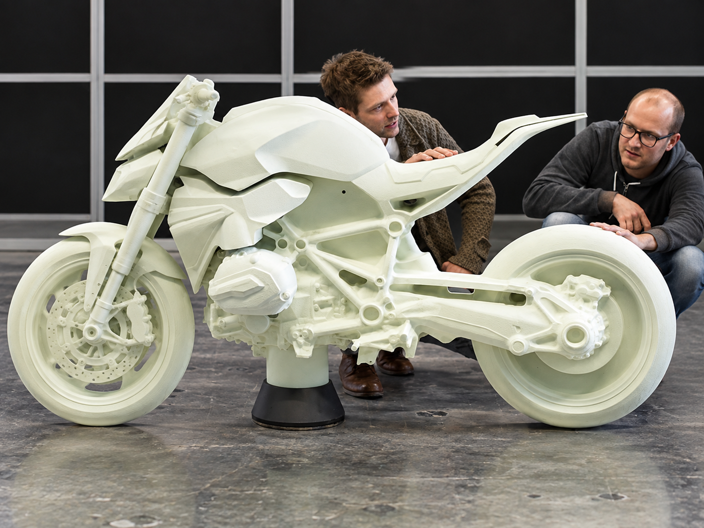 Full-scale physical motorcycle prototype under review