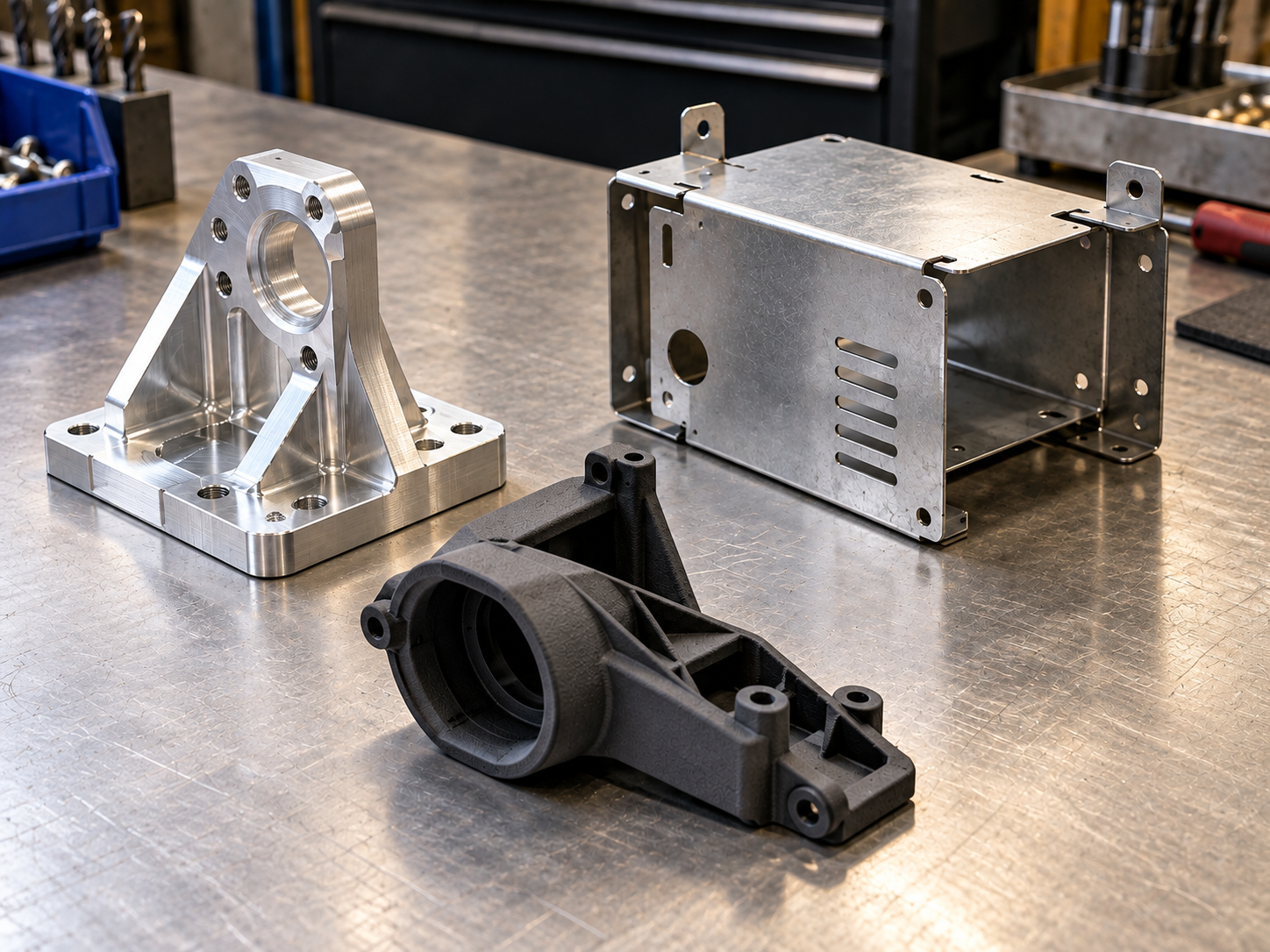Machined fixture, industrial housing and sheet-metal enclosure