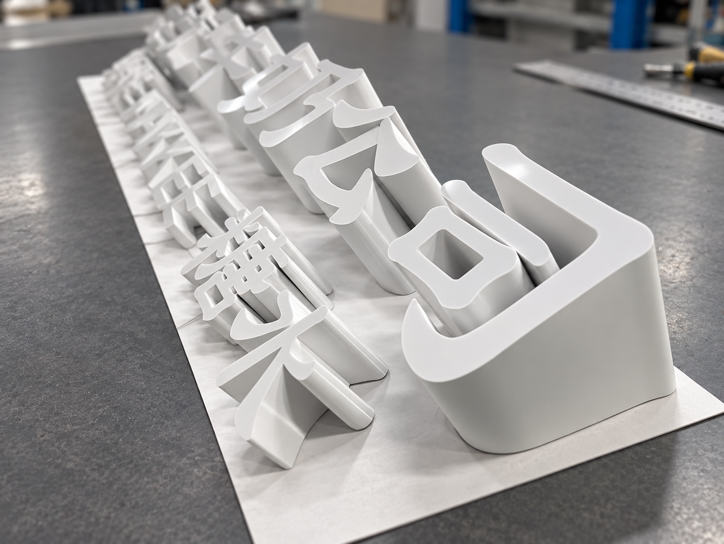 Fabricated white dimensional signage components on a workshop bench